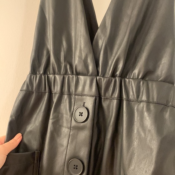 Women's Black Faux Leather Dungaree Dress - Picture 6 of 6